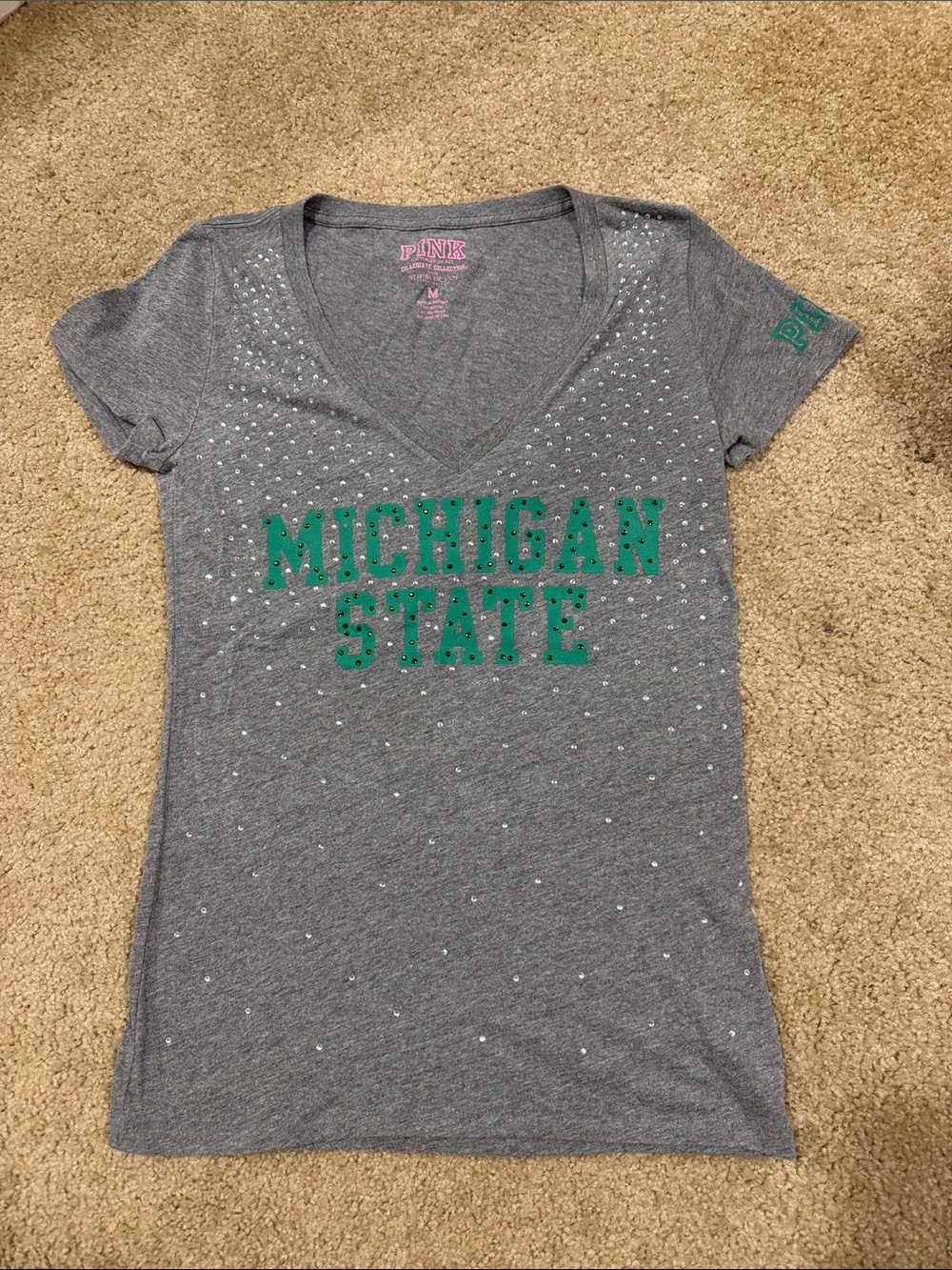 PINK Victoria's Secret Gray Michigan State V‑Neck Tee with Green Lettering